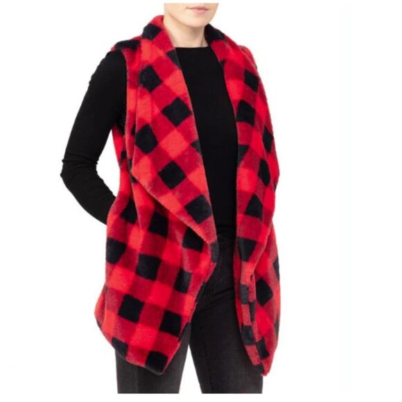 NWT Styline Faux Fur Buffalo Plaid Vest, Red & Black | OS - Picture 1 of 7